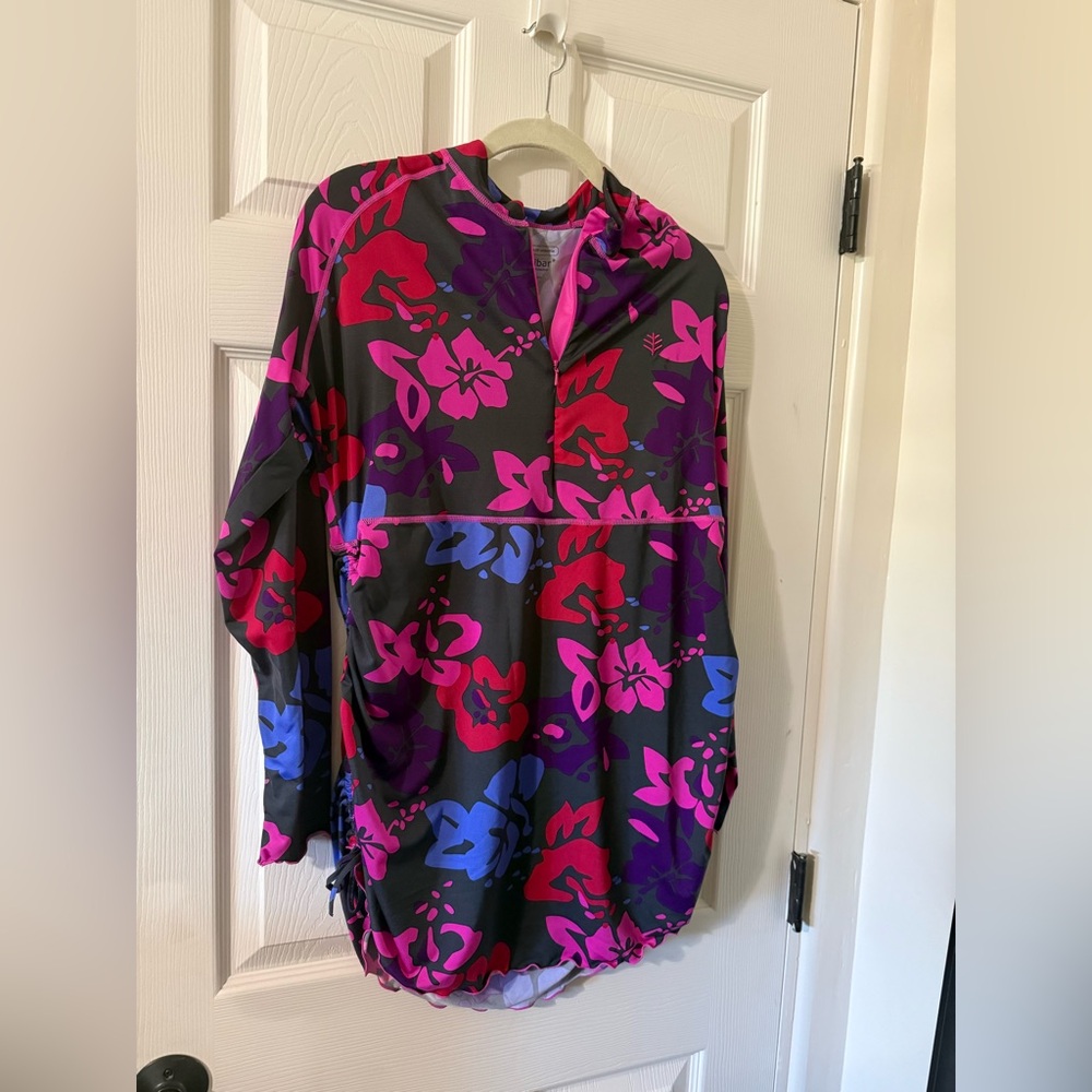 Coolibar Black Jacket with Pink and Blue Floral Accents UV protection